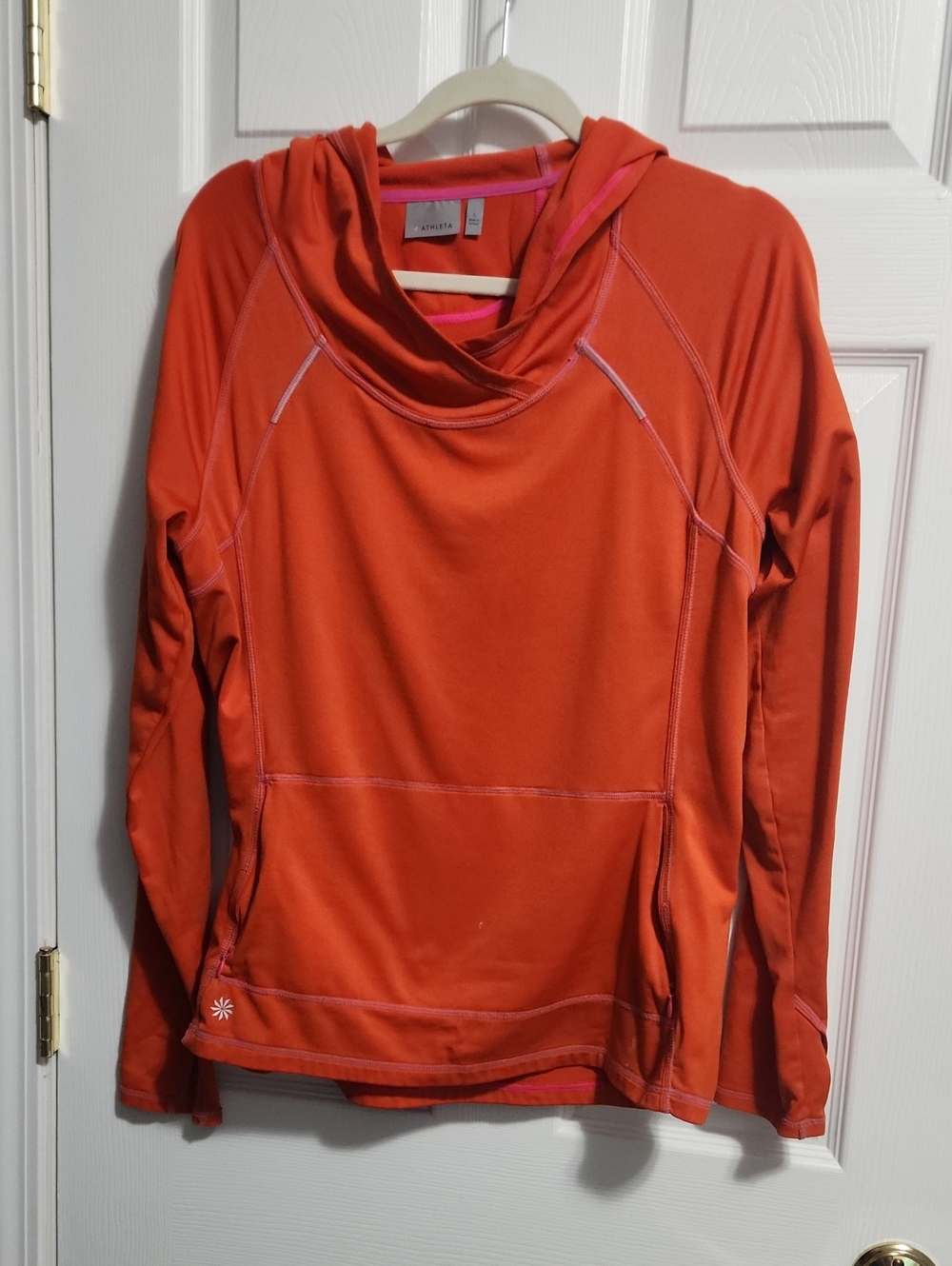 Athleta Orange Hooded Cowl Neck Performance Sweater